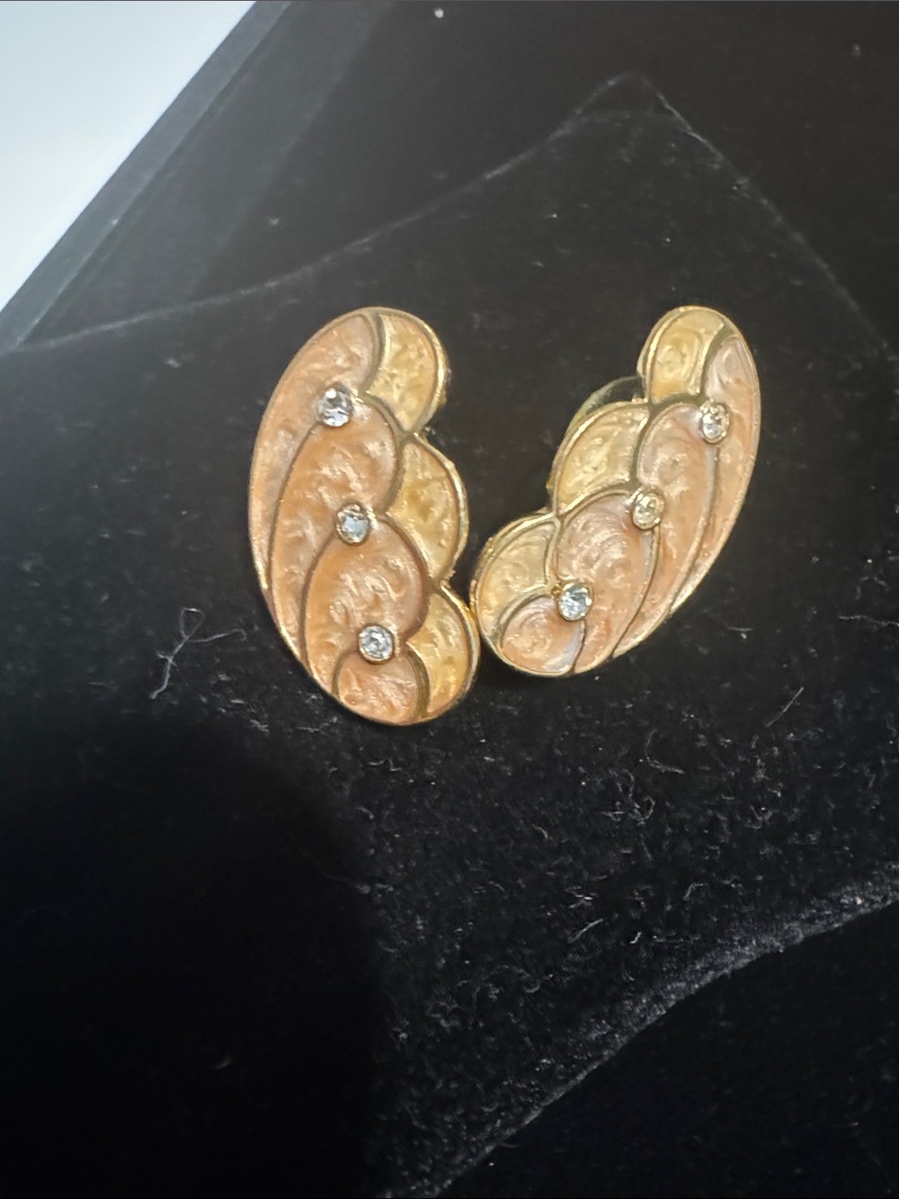Gold-Tone Pink Enamel Leaf Clip-On Earrings with Rhinestones AVON